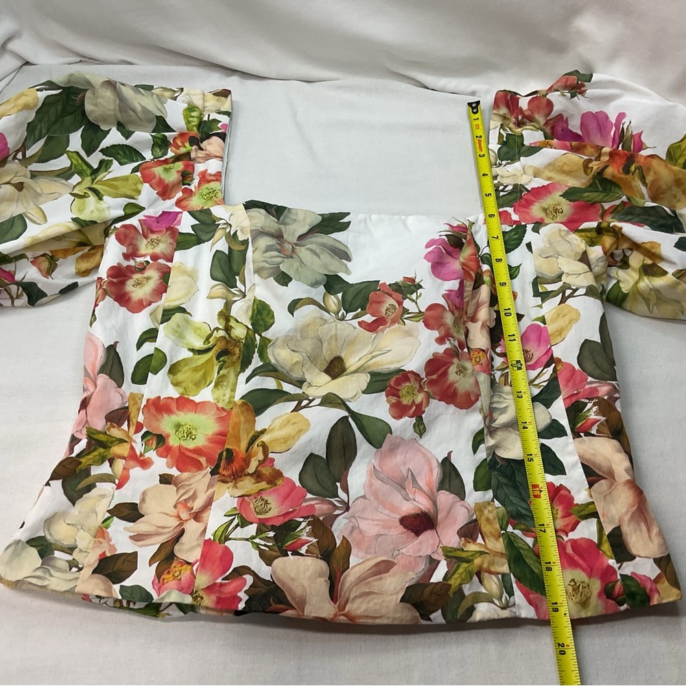 Antonio Melani Women's White/Green Floral Square Neck Pufffy Sleeves Top, Size 8 - Picture 4 of 7
